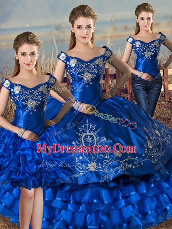 Royal Blue Quinceanera Dresses Sweet 16 and Quinceanera with Embroidery and Ruffled Layers Off The Shoulder Sleeveless Lace Up