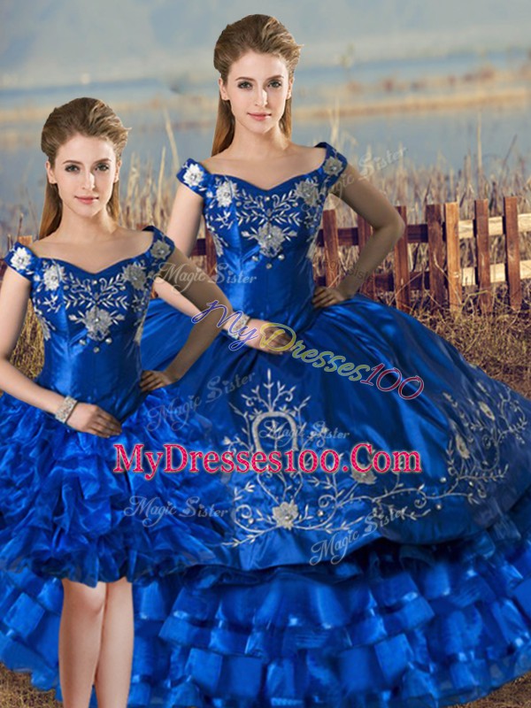 Royal Blue Quinceanera Dresses Sweet 16 and Quinceanera with Embroidery and Ruffled Layers Off The Shoulder Sleeveless Lace Up
