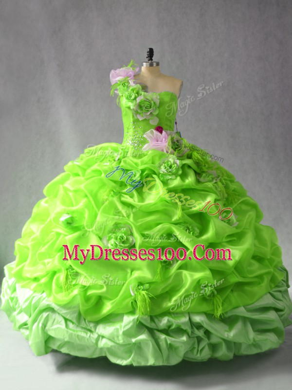 One Shoulder Sleeveless Sweet 16 Quinceanera Dress Floor Length Ruching and Hand Made Flower Organza