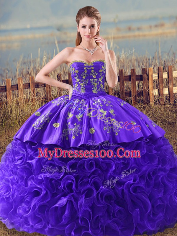 Sleeveless Brush Train Lace Up Embroidery and Ruffles Quince Ball Gowns
