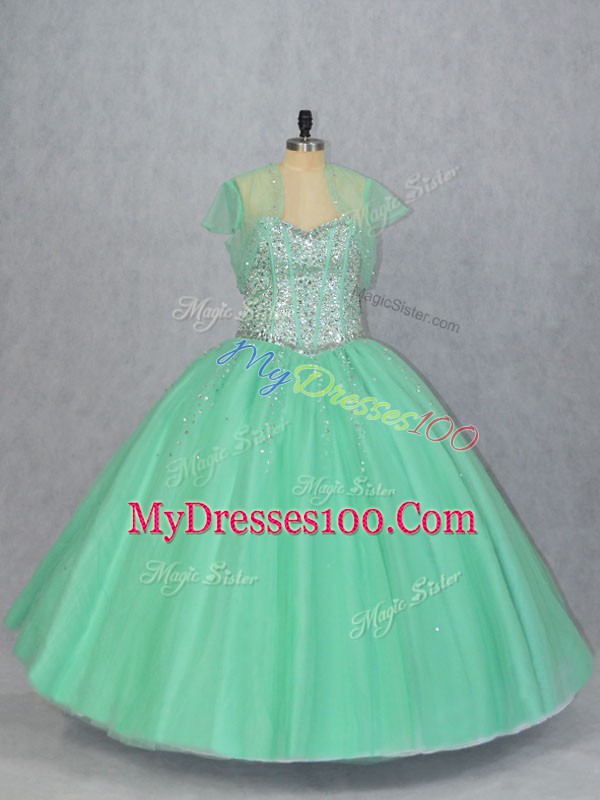 Floor Length Lace Up Vestidos de Quinceanera Apple Green for Sweet 16 and Quinceanera with Beading