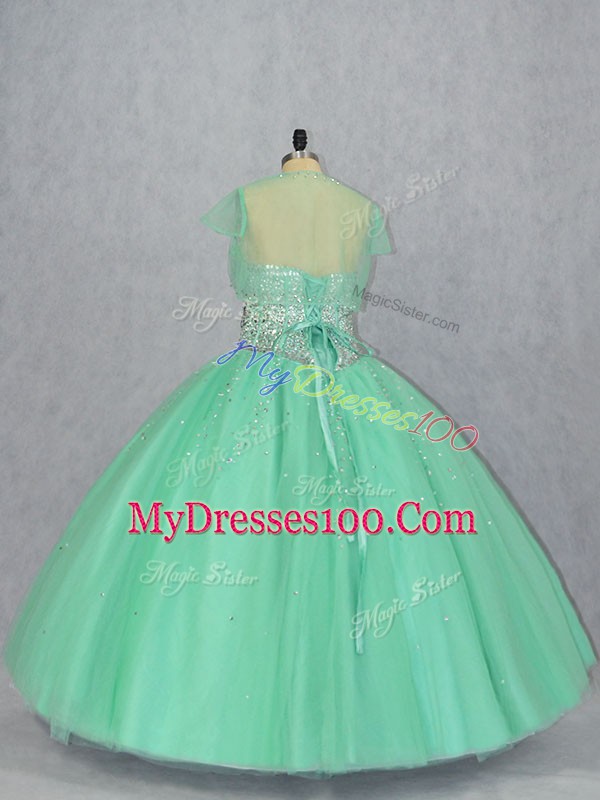 Floor Length Lace Up Vestidos de Quinceanera Apple Green for Sweet 16 and Quinceanera with Beading