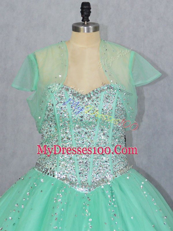 Floor Length Lace Up Vestidos de Quinceanera Apple Green for Sweet 16 and Quinceanera with Beading