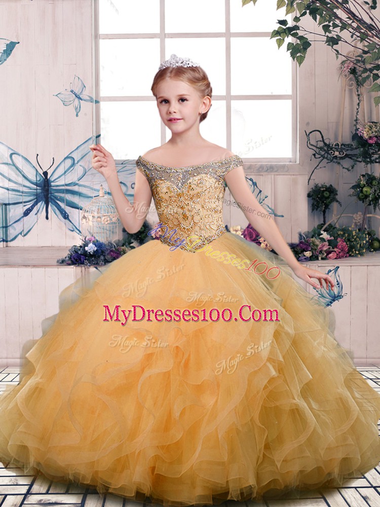Gold Tulle Lace Up Off The Shoulder Sleeveless Floor Length Kids Pageant Dress Beading and Ruffles