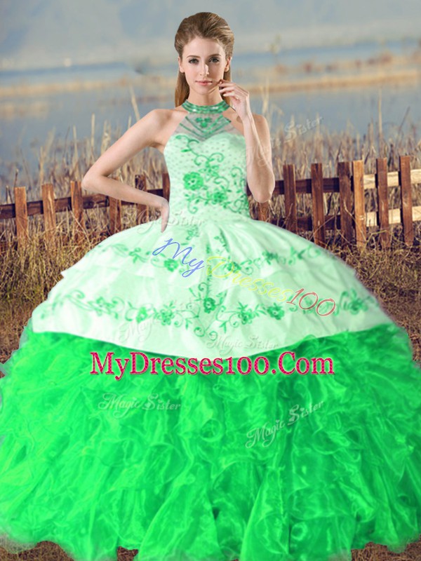 Shining Green Halter Top Lace Up Embroidery and Ruffles Sweet 16 Dress Court Train Sleeveless