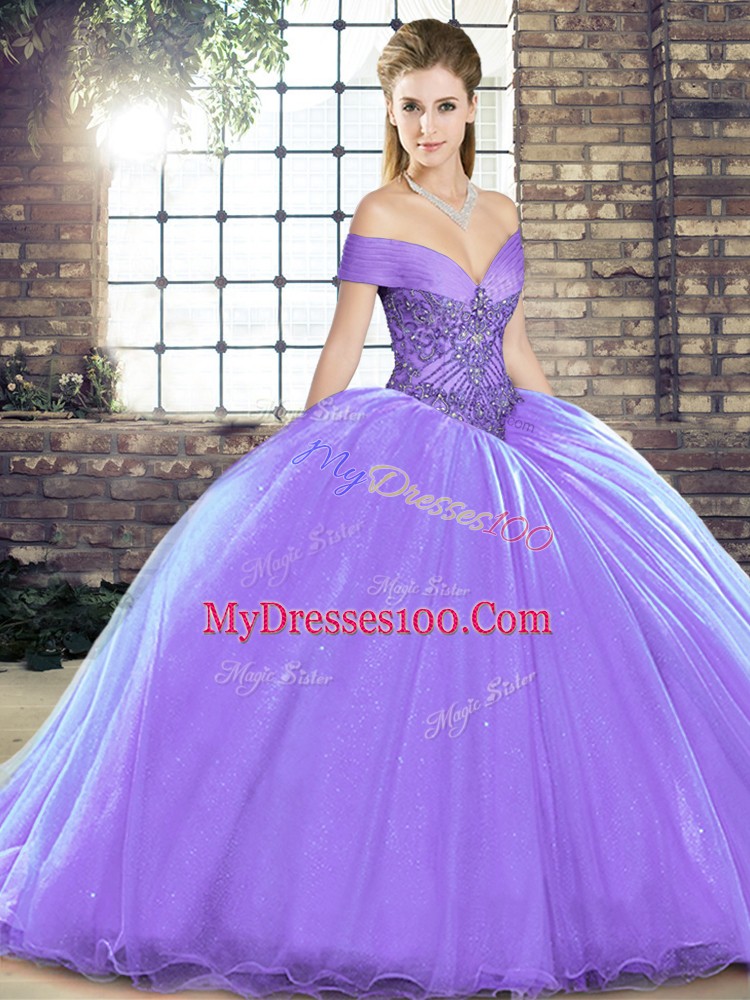 Enchanting Lavender Sleeveless Organza Brush Train Lace Up Sweet 16 Quinceanera Dress for Military Ball and Sweet 16 and Quinceanera