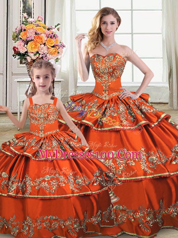 Fabulous Ball Gowns Quinceanera Gowns Orange Straps Satin and Organza Sleeveless Floor Length Lace Up