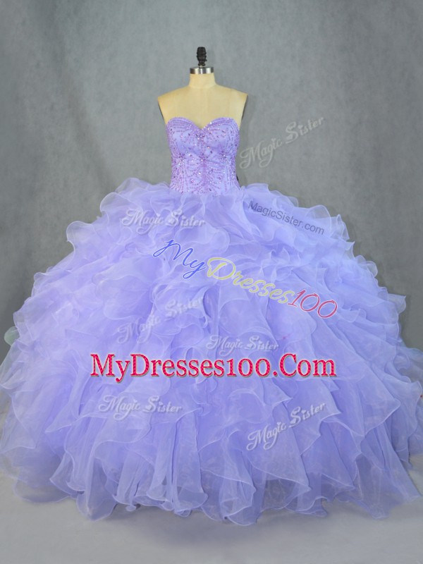 Lavender Sleeveless Organza Lace Up Quinceanera Gowns for Sweet 16 and Quinceanera