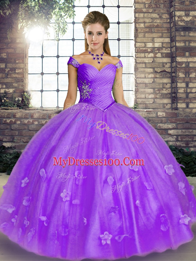 Unique Lavender Tulle Lace Up Off The Shoulder Sleeveless Floor Length Quinceanera Dresses Beading and Appliques