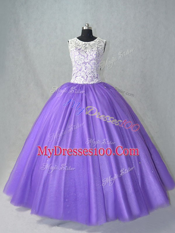 Clearance Ball Gowns Sweet 16 Dresses Lavender Scoop Tulle Sleeveless Floor Length Lace Up