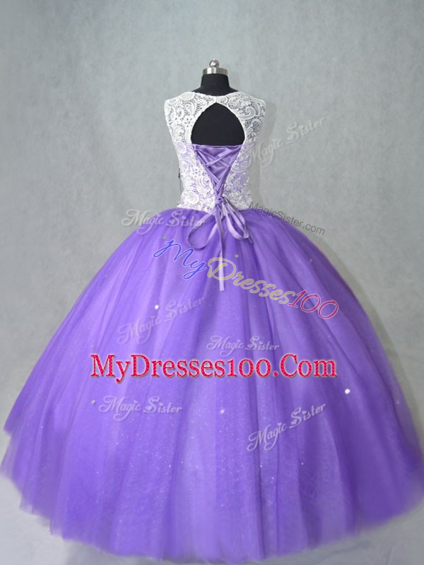 Clearance Ball Gowns Sweet 16 Dresses Lavender Scoop Tulle Sleeveless Floor Length Lace Up