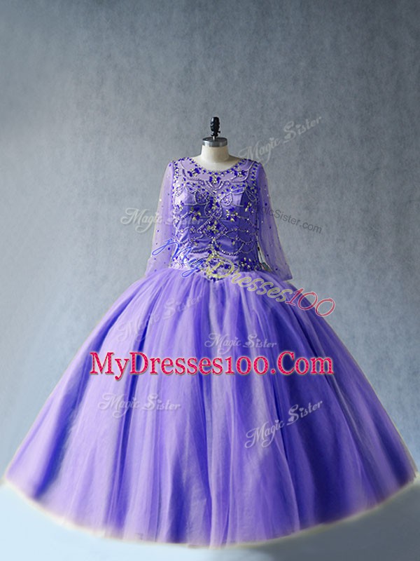 Hot Sale Lavender Long Sleeves Beading Floor Length 15th Birthday Dress