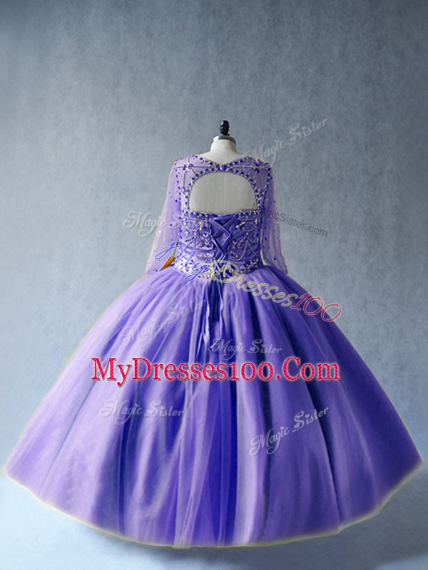 Hot Sale Lavender Long Sleeves Beading Floor Length 15th Birthday Dress