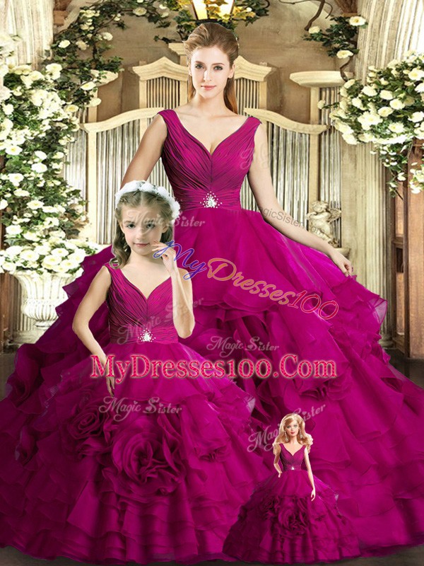 Best Selling Fuchsia Organza Backless Quinceanera Gown Sleeveless Floor Length Beading and Ruffles