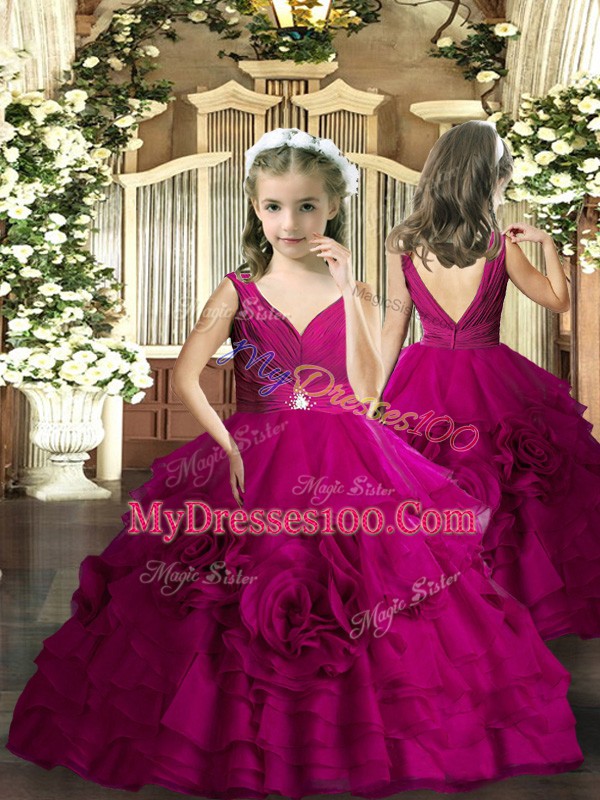 Best Selling Fuchsia Organza Backless Quinceanera Gown Sleeveless Floor Length Beading and Ruffles