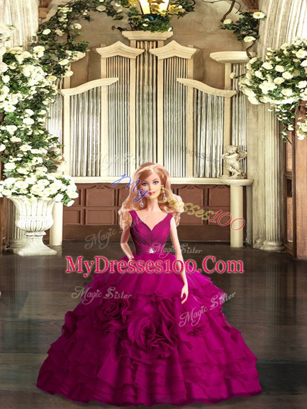 Best Selling Fuchsia Organza Backless Quinceanera Gown Sleeveless Floor Length Beading and Ruffles