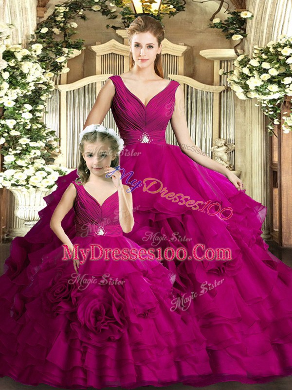 Best Selling Fuchsia Organza Backless Quinceanera Gown Sleeveless Floor Length Beading and Ruffles