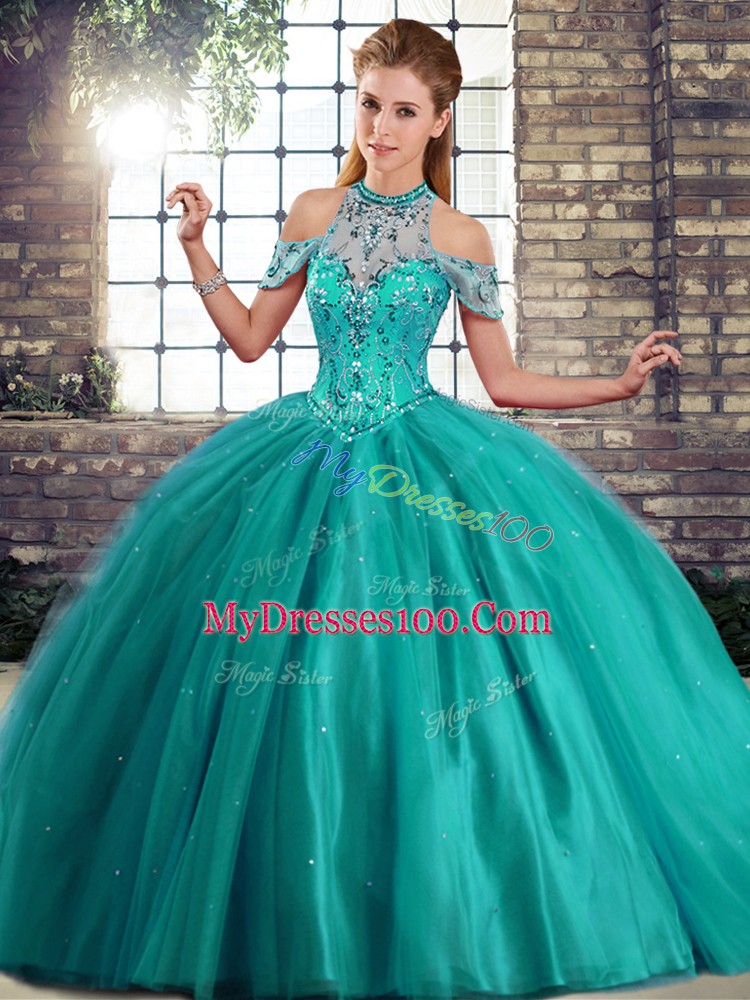 Halter Top Sleeveless Tulle Quinceanera Gown Beading Brush Train Lace Up