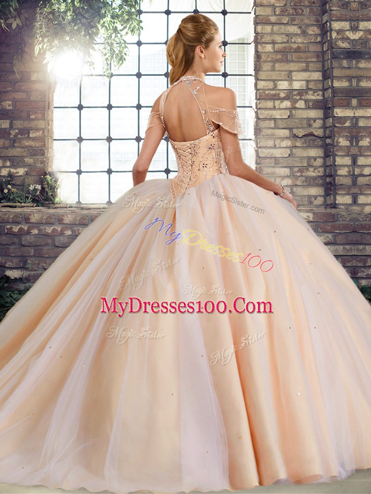 Halter Top Sleeveless Tulle Quinceanera Gown Beading Brush Train Lace Up