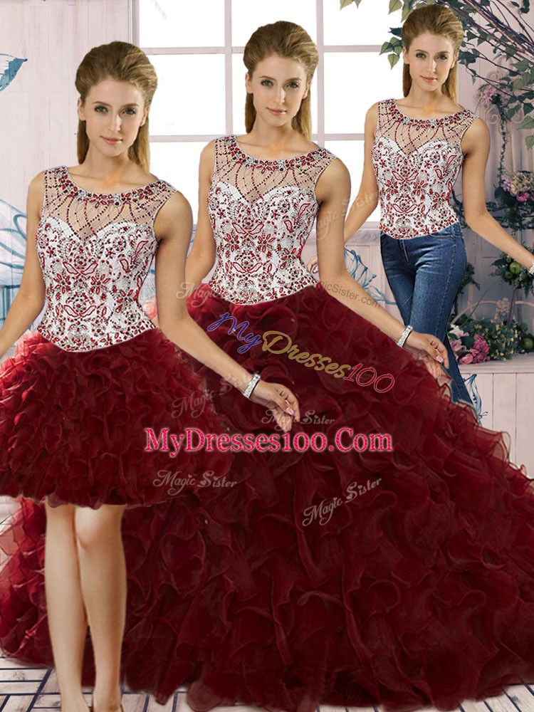 Clearance Floor Length Lace Up Quinceanera Dresses Burgundy for Military Ball and Sweet 16 and Quinceanera with Beading and Ruffles