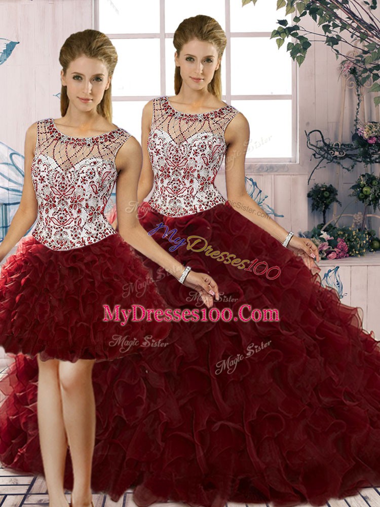 Clearance Floor Length Lace Up Quinceanera Dresses Burgundy for Military Ball and Sweet 16 and Quinceanera with Beading and Ruffles