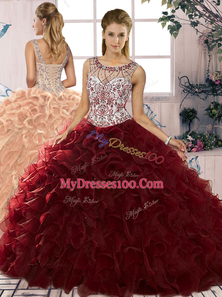 Clearance Floor Length Lace Up Quinceanera Dresses Burgundy for Military Ball and Sweet 16 and Quinceanera with Beading and Ruffles
