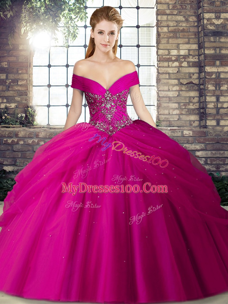 Fuchsia Quince Ball Gowns Off The Shoulder Sleeveless Brush Train Lace Up