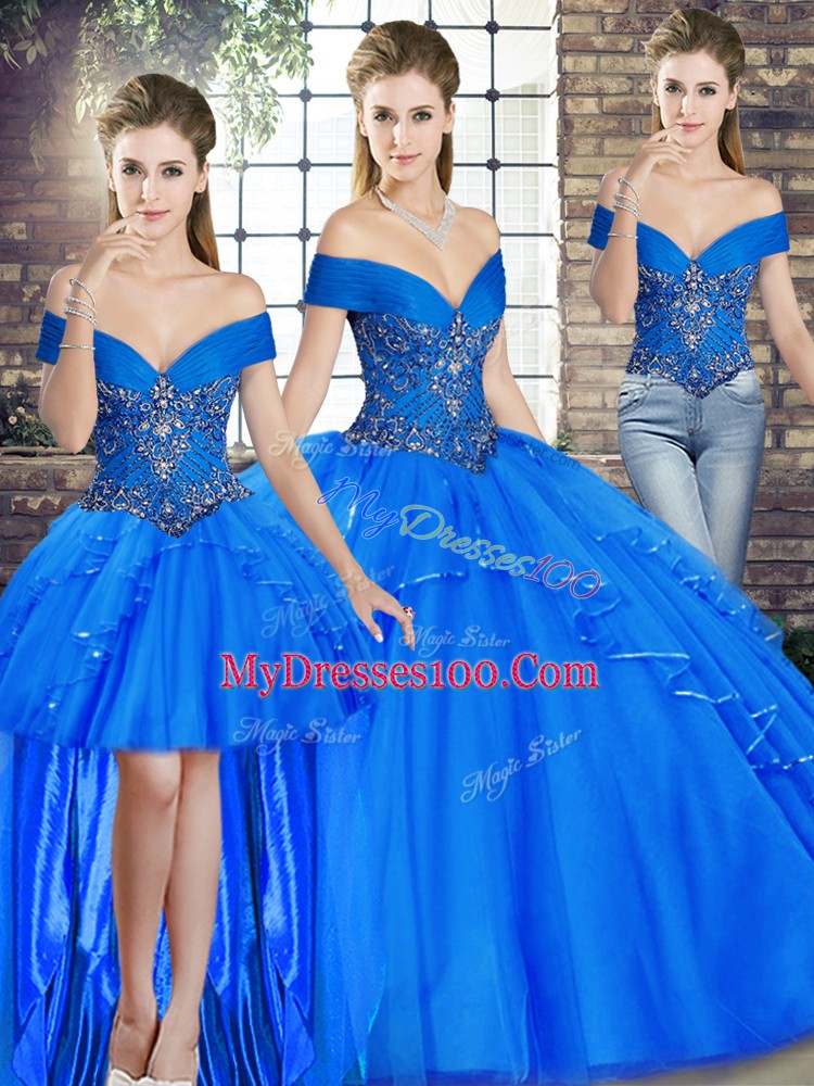 Inexpensive Off The Shoulder Sleeveless Lace Up 15 Quinceanera Dress Royal Blue Tulle