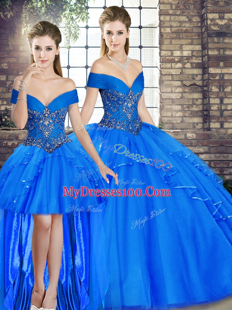 Inexpensive Off The Shoulder Sleeveless Lace Up 15 Quinceanera Dress Royal Blue Tulle
