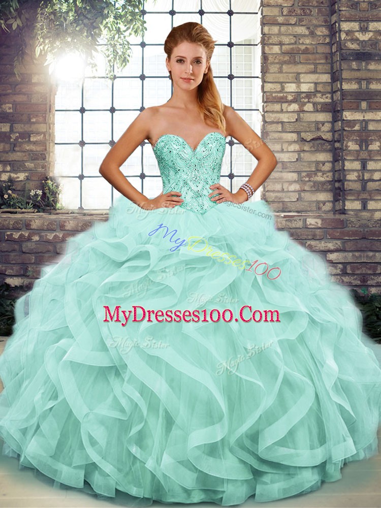 Custom Designed Apple Green Ball Gowns Tulle Sweetheart Sleeveless Beading and Ruffles Floor Length Lace Up Sweet 16 Dresses