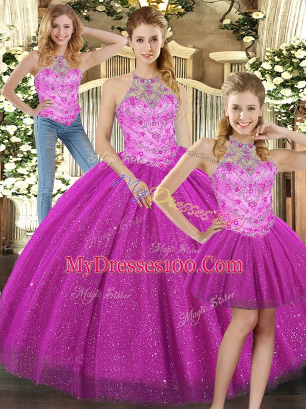 Tulle Halter Top Sleeveless Lace Up Beading Sweet 16 Dress in Fuchsia