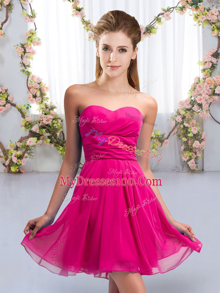 Fuchsia Empire Sweetheart Sleeveless Chiffon Mini Length Lace Up Ruching Vestidos de Damas