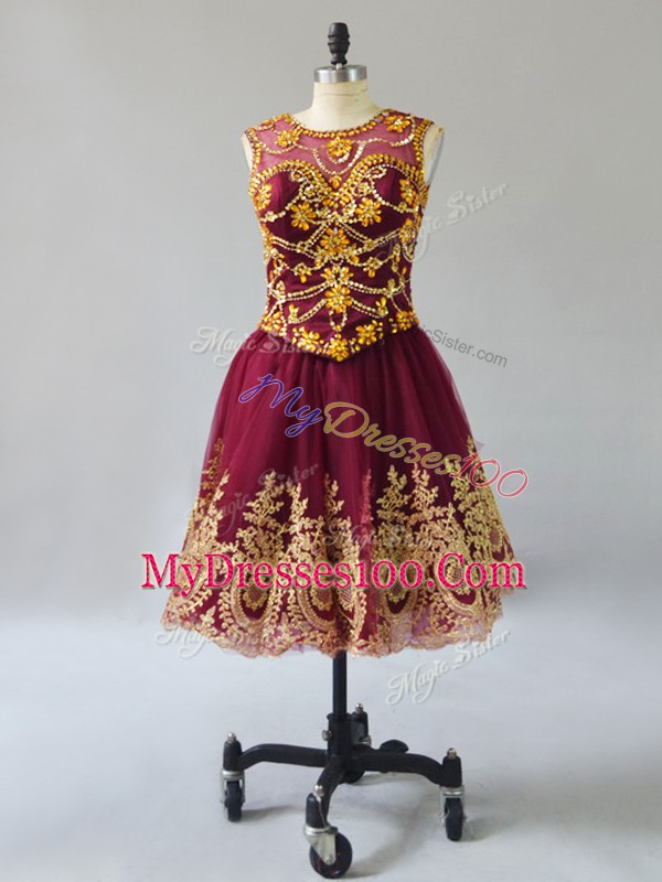 Luxury Burgundy Sleeveless Beading and Appliques Mini Length Evening Dress