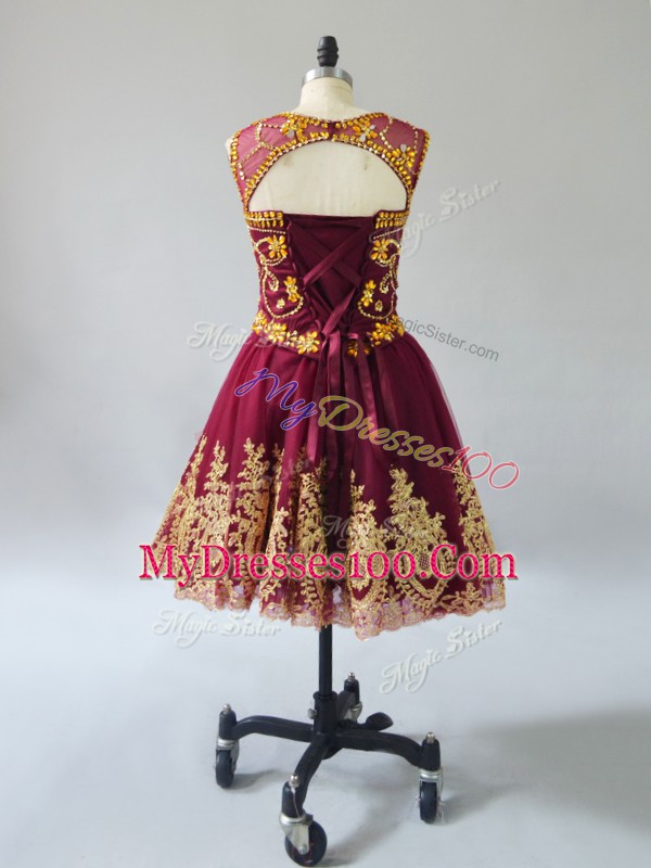 Luxury Burgundy Sleeveless Beading and Appliques Mini Length Evening Dress