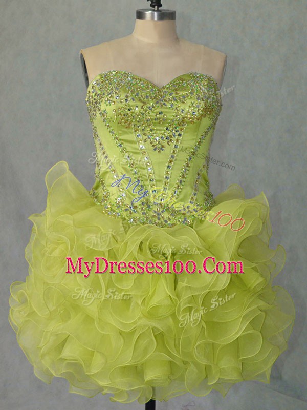 Luxury Yellow Green Ball Gowns Beading and Ruffles Evening Dress Lace Up Organza Sleeveless Mini Length