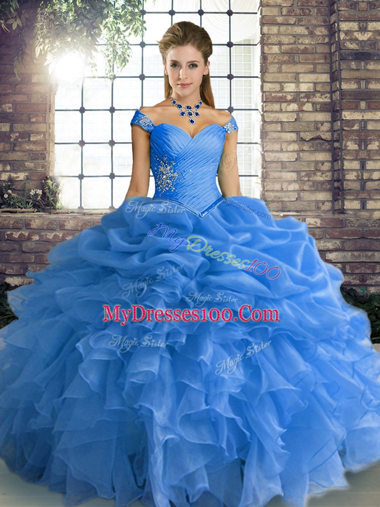 Blue Organza Lace Up Off The Shoulder Sleeveless Floor Length Sweet 16 Quinceanera Dress Beading and Ruffles and Pick Ups