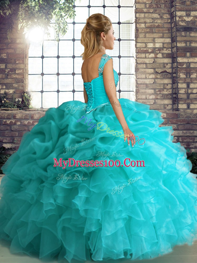 Blue Organza Lace Up Off The Shoulder Sleeveless Floor Length Sweet 16 Quinceanera Dress Beading and Ruffles and Pick Ups