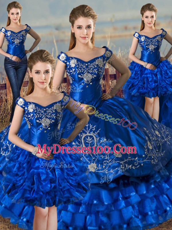 Royal Blue Ball Gowns Satin and Organza Off The Shoulder Sleeveless Embroidery and Ruffled Layers Floor Length Lace Up Sweet 16 Dresses