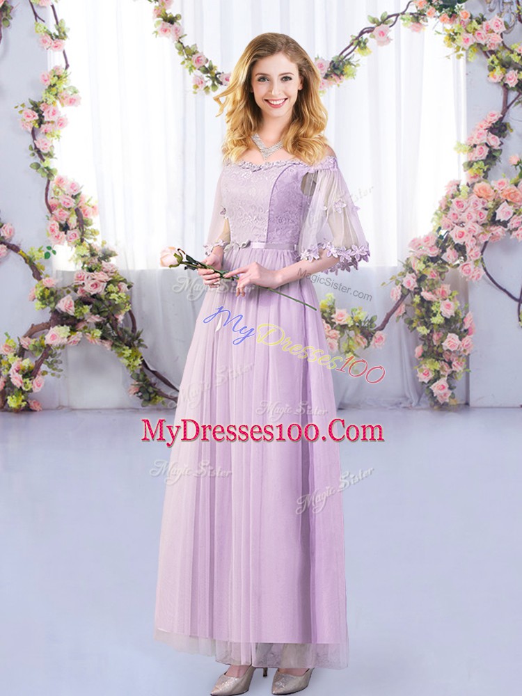Spectacular Lavender Half Sleeves Floor Length Lace and Belt Side Zipper Wedding Guest Dresses