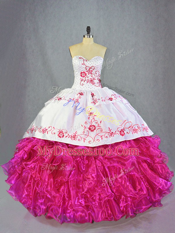 Hot Pink Ball Gowns Sweetheart Sleeveless Organza Brush Train Lace Up Beading and Embroidery and Ruffles Sweet 16 Quinceanera Dress