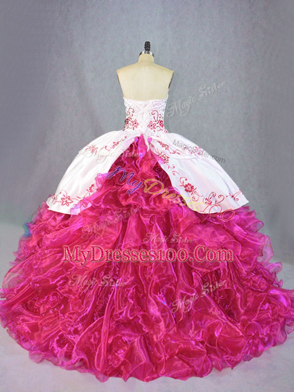 Hot Pink Ball Gowns Sweetheart Sleeveless Organza Brush Train Lace Up Beading and Embroidery and Ruffles Sweet 16 Quinceanera Dress
