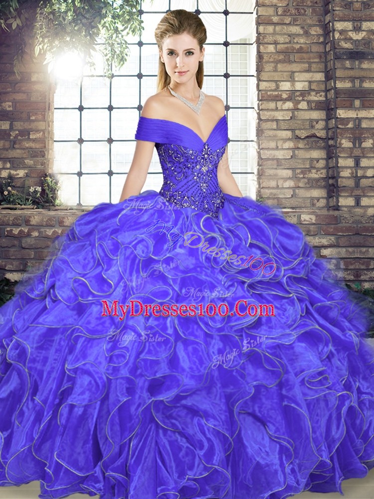 Organza Off The Shoulder Sleeveless Lace Up Beading and Ruffles 15th Birthday Dress in Lavender