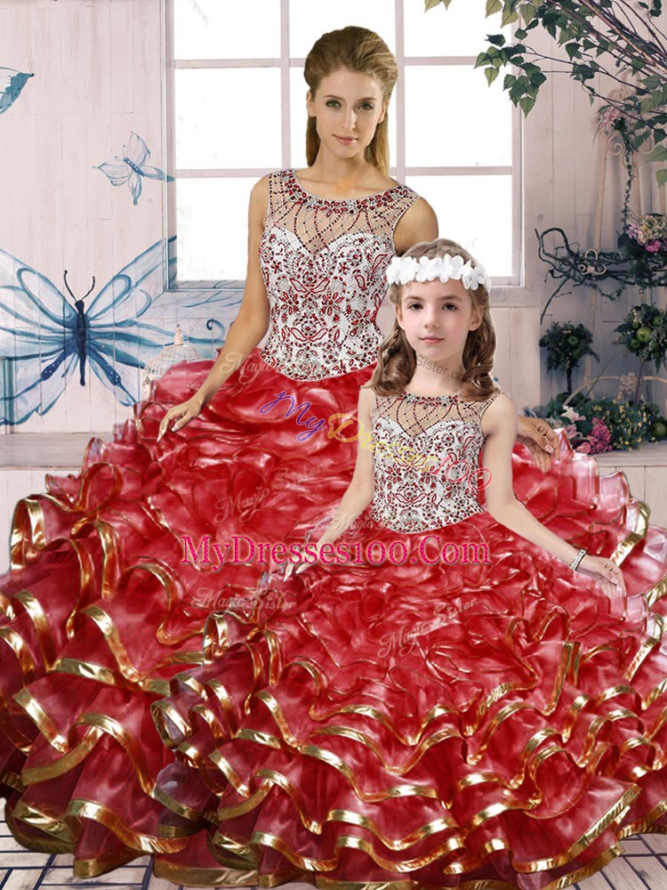 Dazzling Floor Length Ball Gowns Sleeveless Red Quinceanera Gown Lace Up