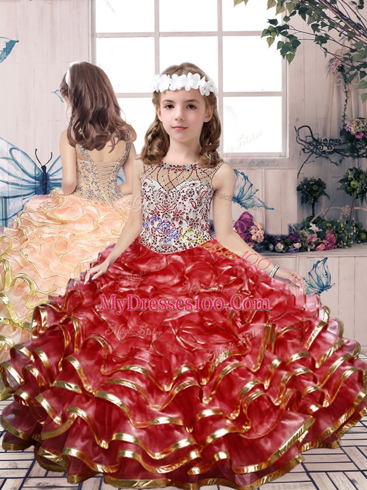 Dazzling Floor Length Ball Gowns Sleeveless Red Quinceanera Gown Lace Up