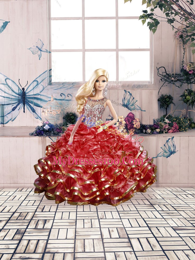Dazzling Floor Length Ball Gowns Sleeveless Red Quinceanera Gown Lace Up