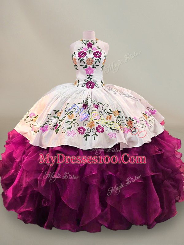 Fuchsia Organza Lace Up Halter Top Sleeveless Floor Length Quinceanera Dresses Beading and Embroidery