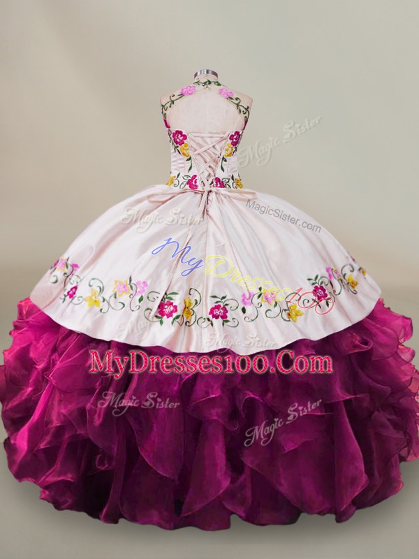 Fuchsia Organza Lace Up Halter Top Sleeveless Floor Length Quinceanera Dresses Beading and Embroidery