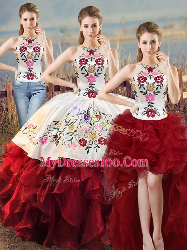 White And Red Lace Up 15 Quinceanera Dress Embroidery and Ruffles Sleeveless Floor Length