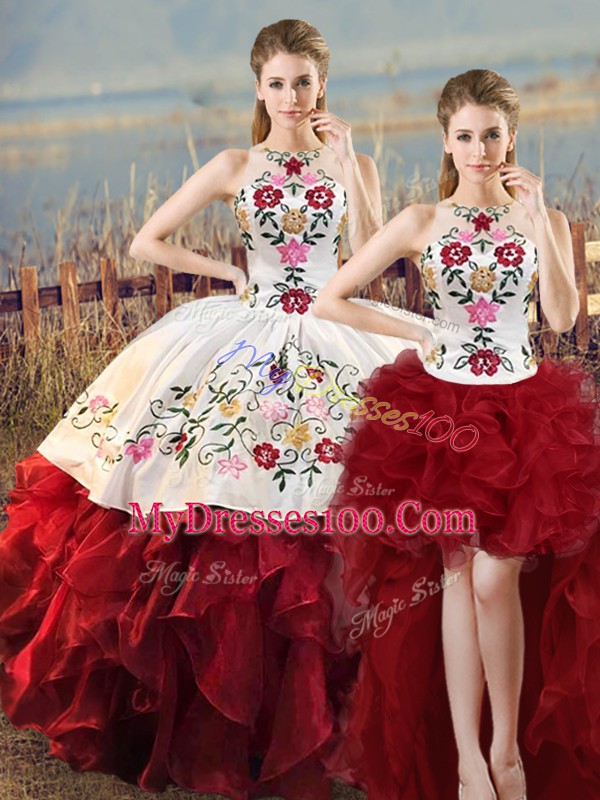White And Red Lace Up 15 Quinceanera Dress Embroidery and Ruffles Sleeveless Floor Length