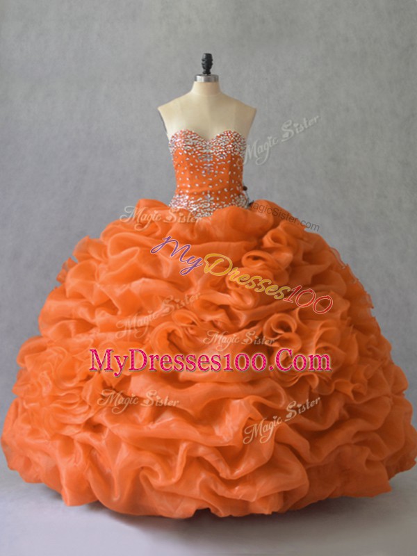 Floor Length Orange Sweet 16 Quinceanera Dress Organza Sleeveless Beading and Pick Ups